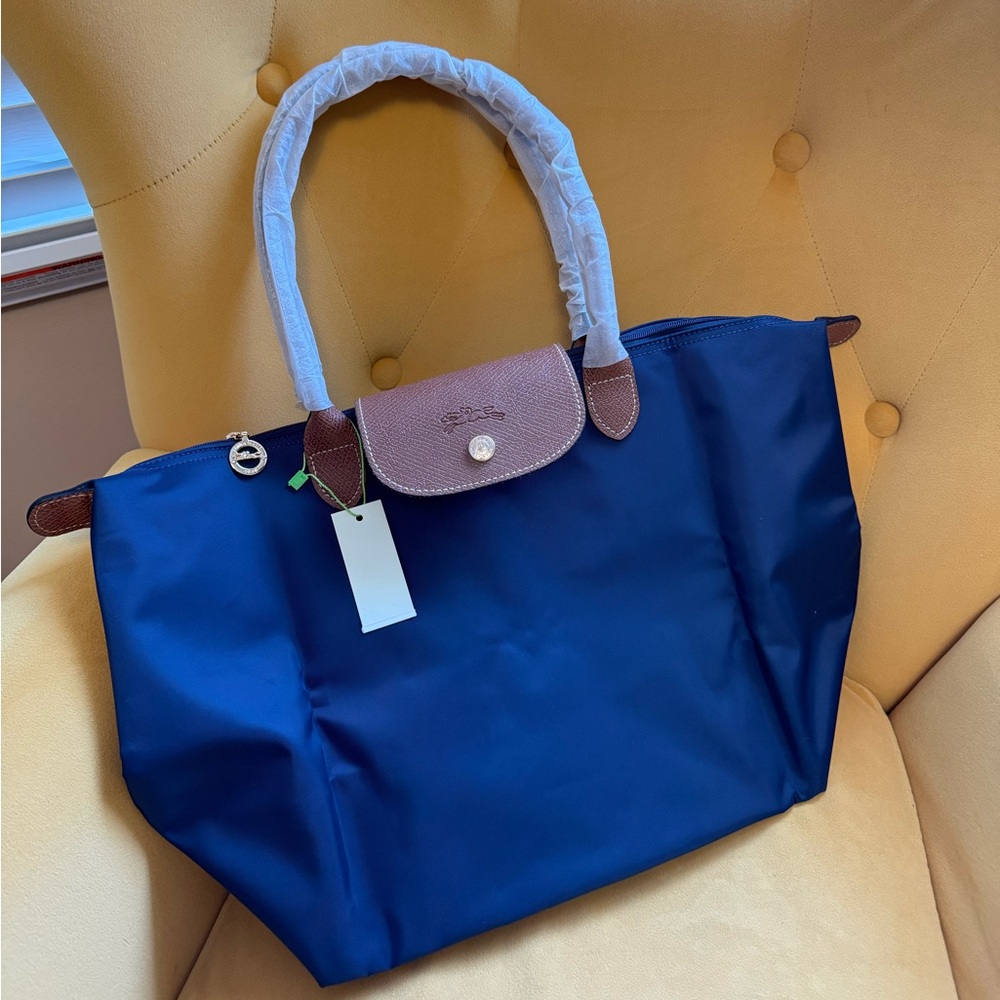 Longchamp Royal Blue Tote with Brown Accents